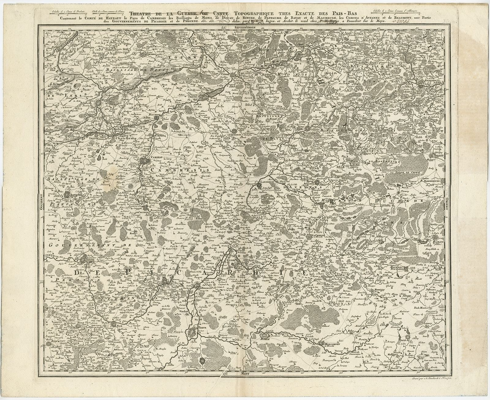 Antique Map Of The Region Of Hainaut And Cambrésis By Reinhardt (C.1784)