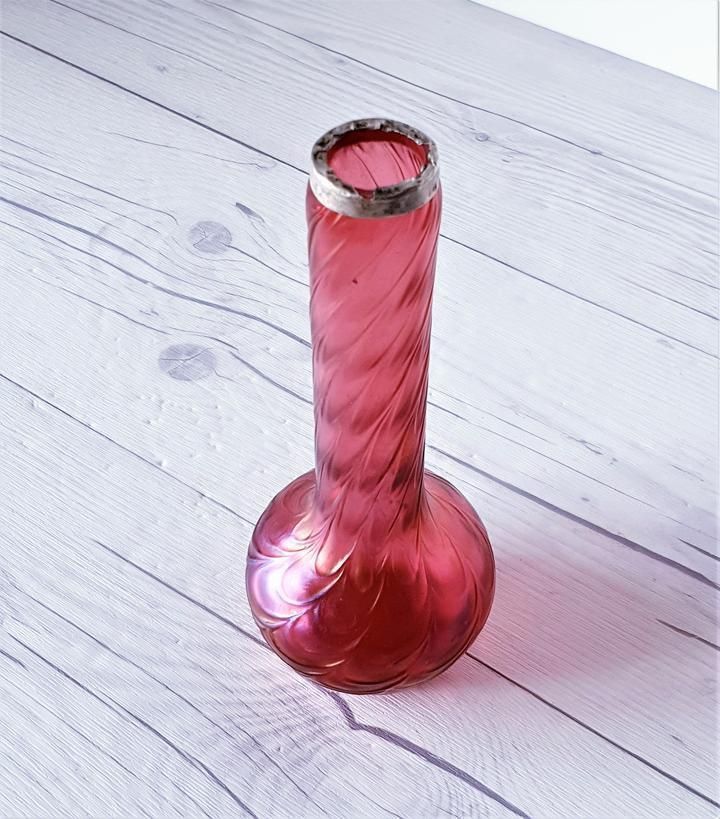 photo for sale Antique 1900s Kralik Draped Decor, Iridescent Cranberry And Silver Collared Bohemian Art Glass Vase