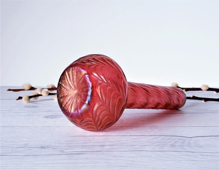 Home Decor Antique 1900s Kralik Draped Decor, Iridescent Cranberry And Silver Collared Bohemian Art Glass Vase photo