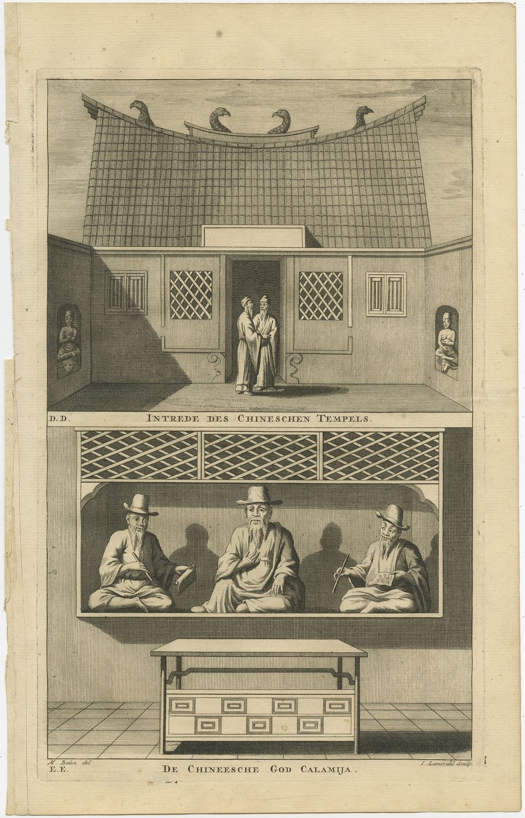 Antique Print Of A Chinese Temple And Chinese Deity Calamija By Valentijn (1726)