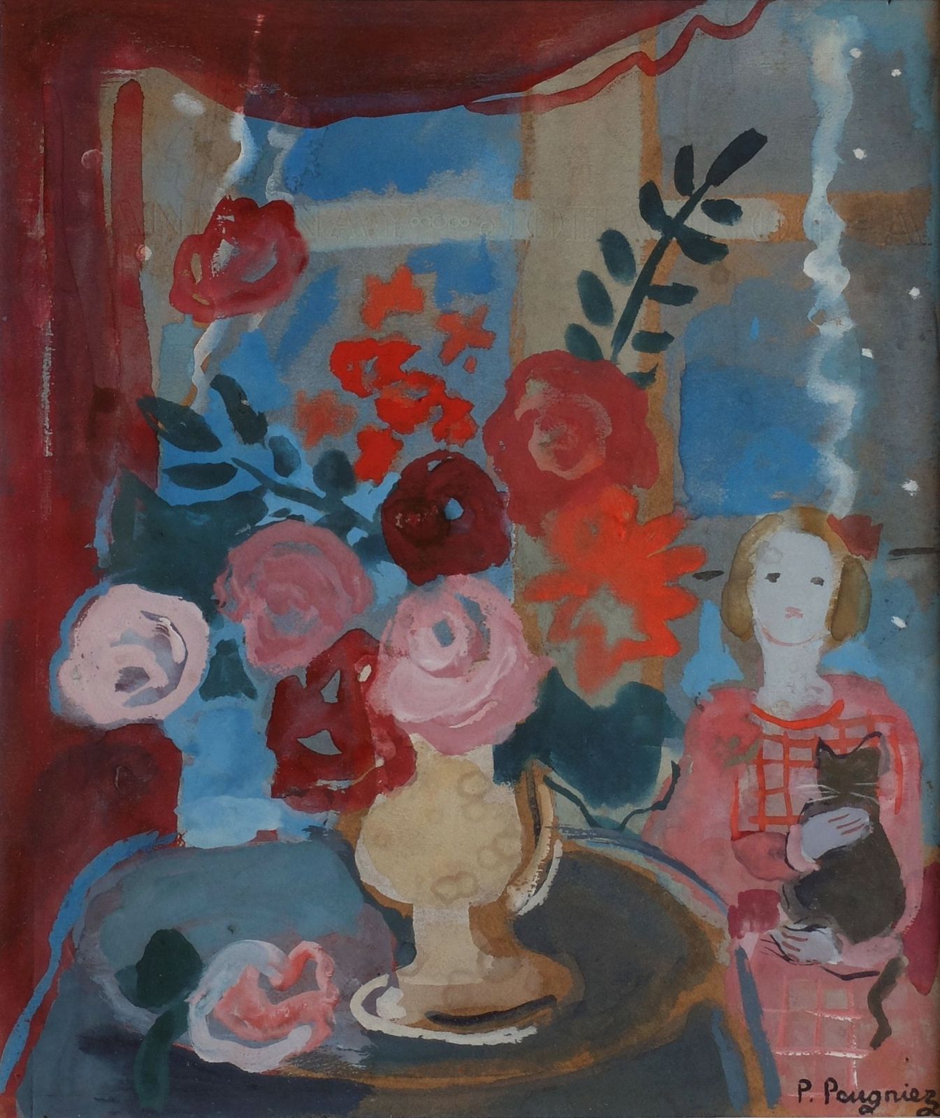 Peugniez Pauline (1890 1987)   Watercolor And Gouache   Young Girl With Cat