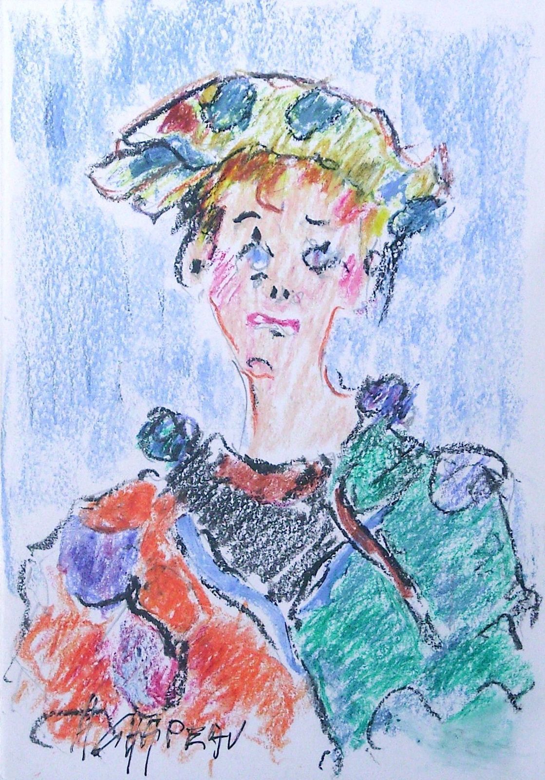 Henri Hat   Pastel And Ink   Portrait Of Clown Child