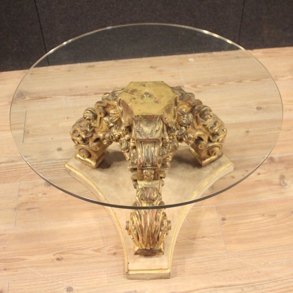 Italian Lacquered And Gilded Round Coffee Table With Glass Top photo vintage