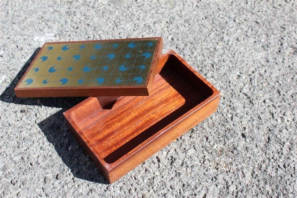 Mahogany Wood Tobacco Box With Golden And Blue Brass Lid, 1970 photo vinterior