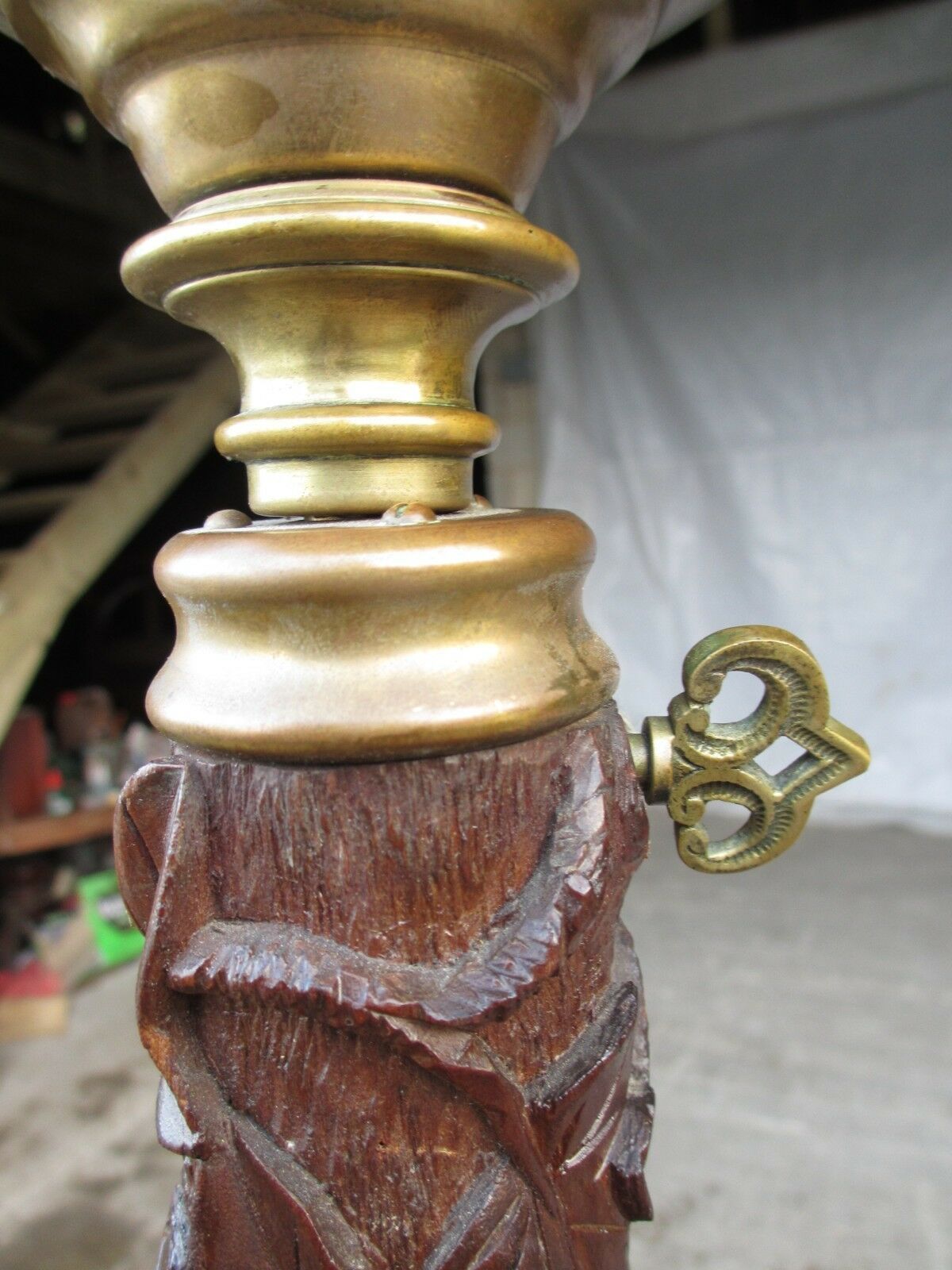 Unusual Victorian Anglo Burmese Padouk Teak And Brass Carved Oil Lamp photo 1057.0