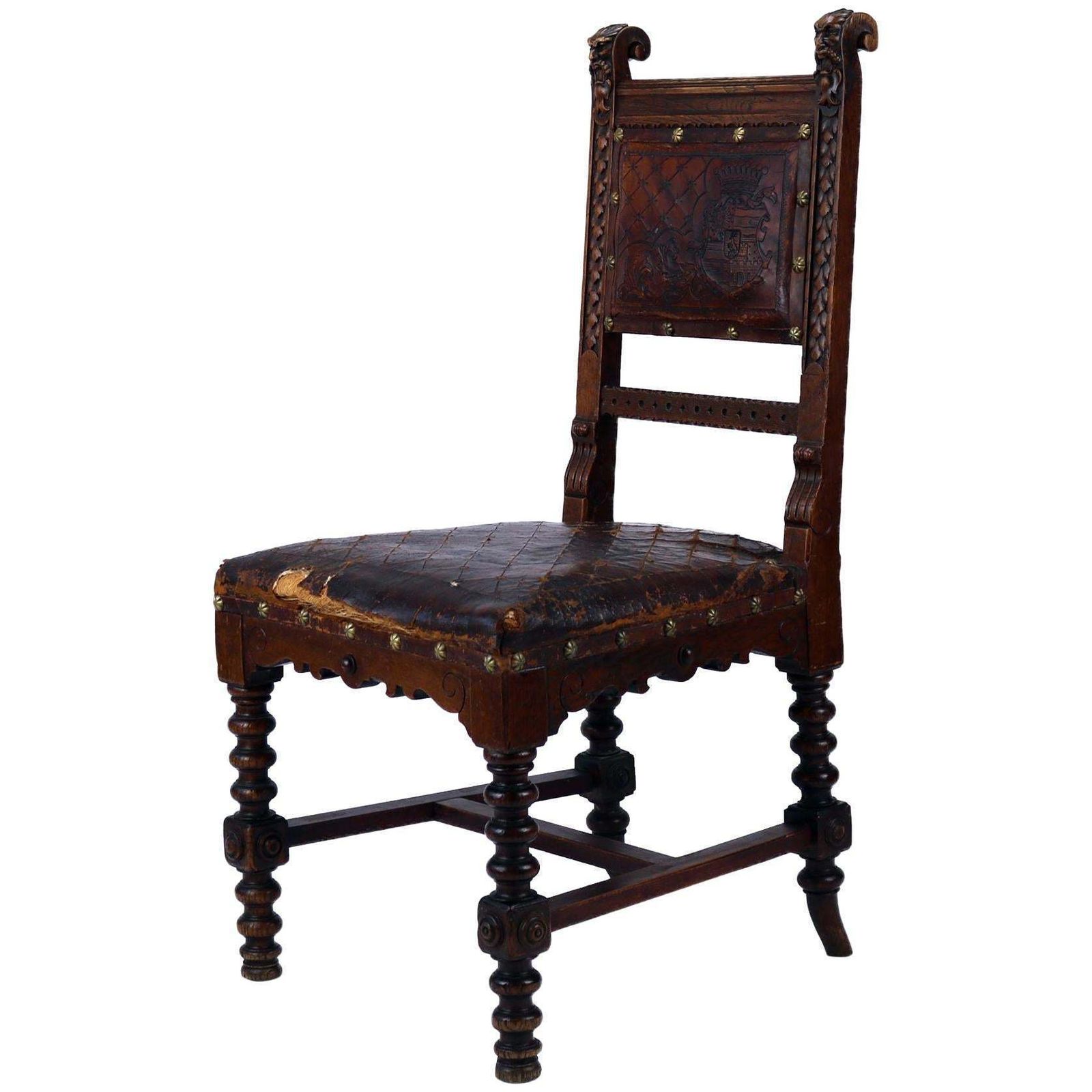 Reanaissance Revival Hand Carved Chair With Embossed Leather 19th Century