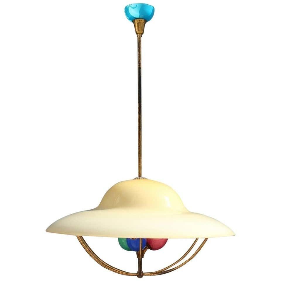 Round Midcentury Chandelier Seguso Design Colored Glass 1950s Brass Gold