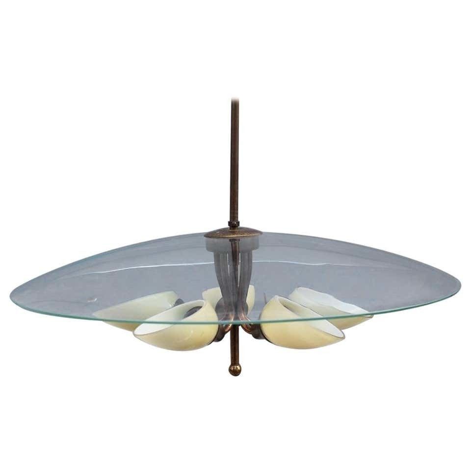 Round Murano Glass Curved Chandelier Midcentury Italian Design Yellow Brass