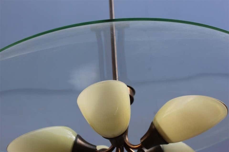 Round Murano Glass Curved Chandelier Midcentury Italian Design Yellow Brass photo for sale