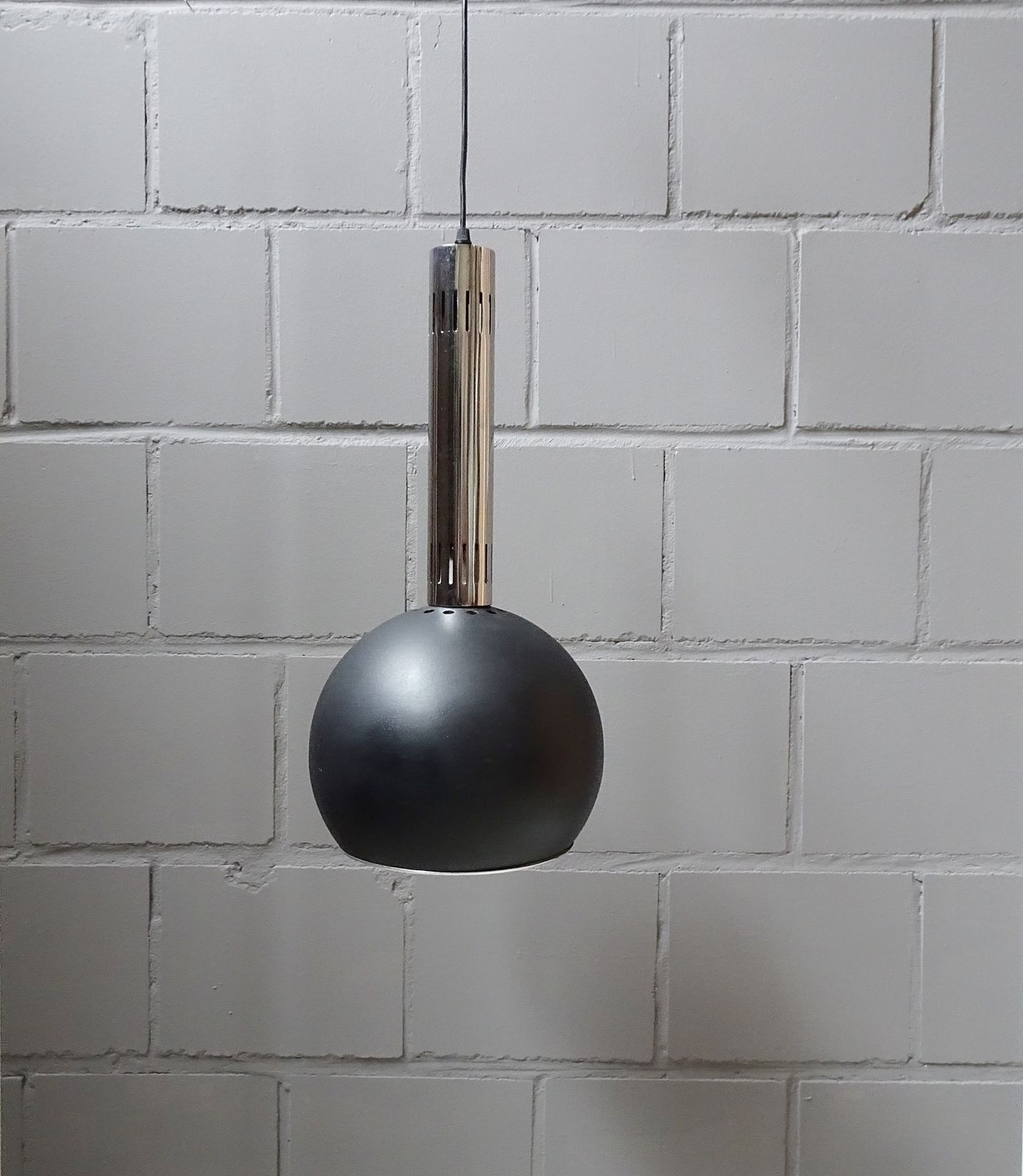 photo furniture Large Industrial Pendant Lamp Made Of Metal And Chrome With Black Shrink Lacquer, Ball Lamp 1960s