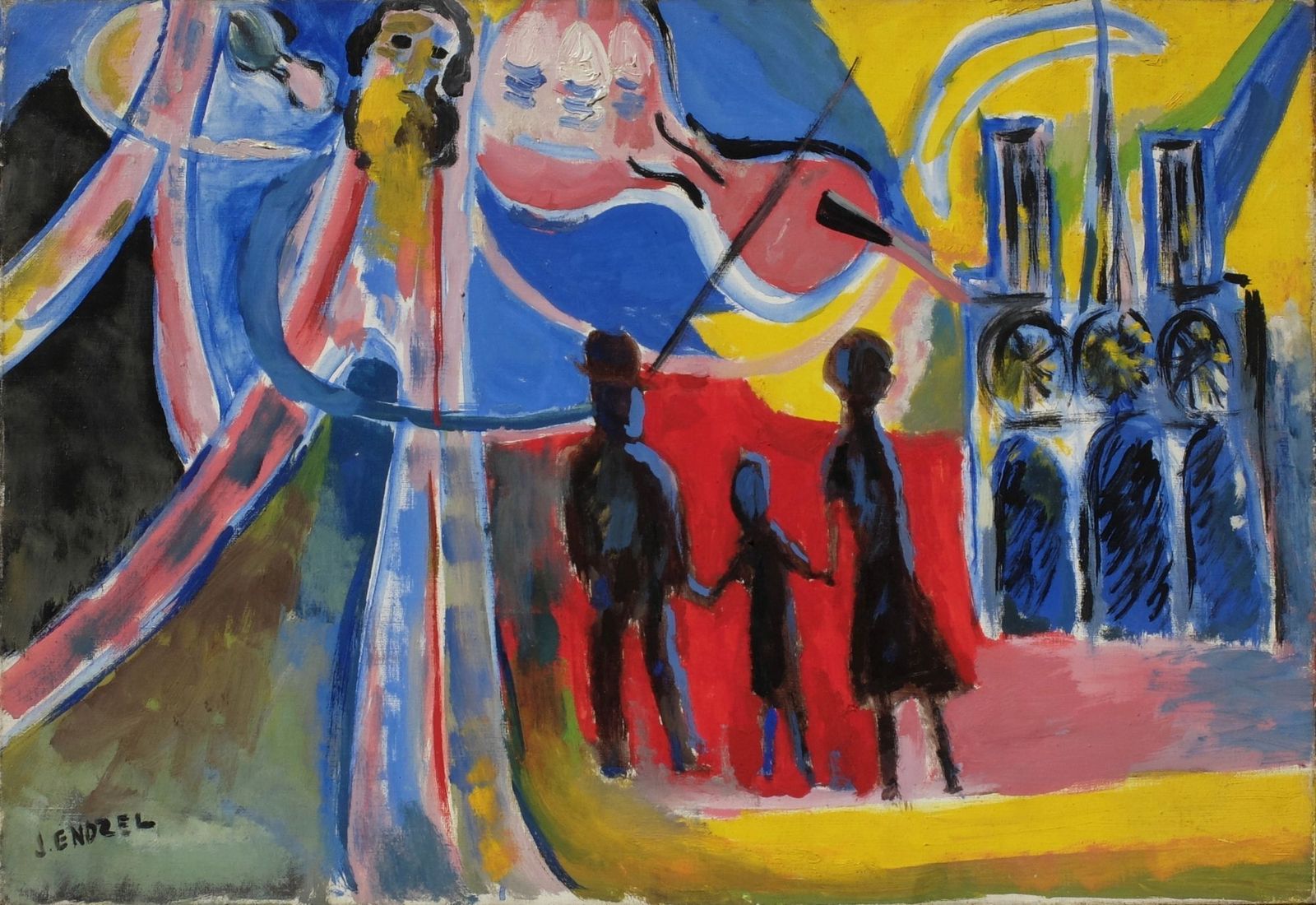 Endzel Jacques (1927 2014)   Oil On Canvas   The Violinist At The Eiffel Tower And Notre Dame