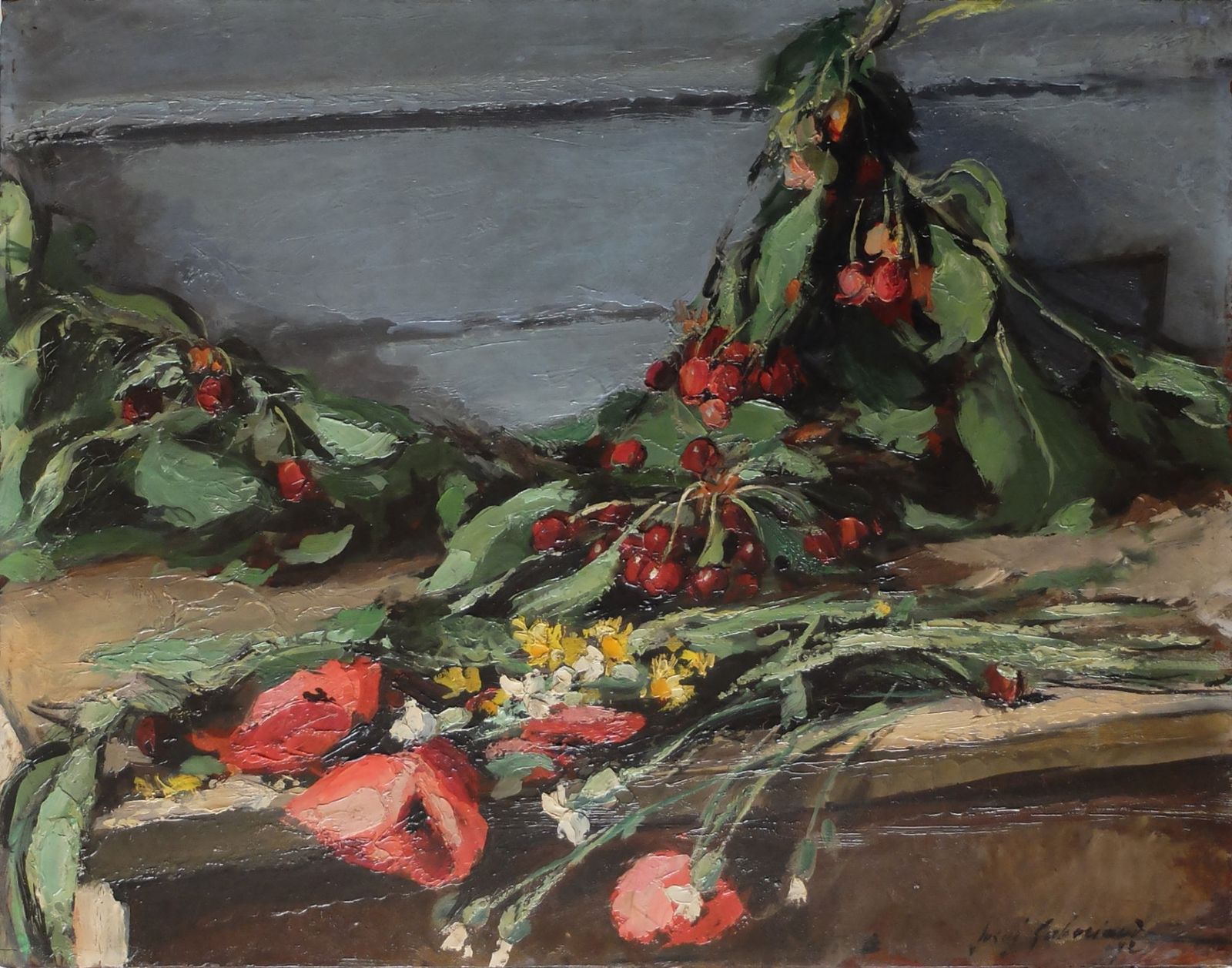 Gaboriaud Josué (1883 1955)   Oil On Wood   Field Flowers And Cherry Bouquets