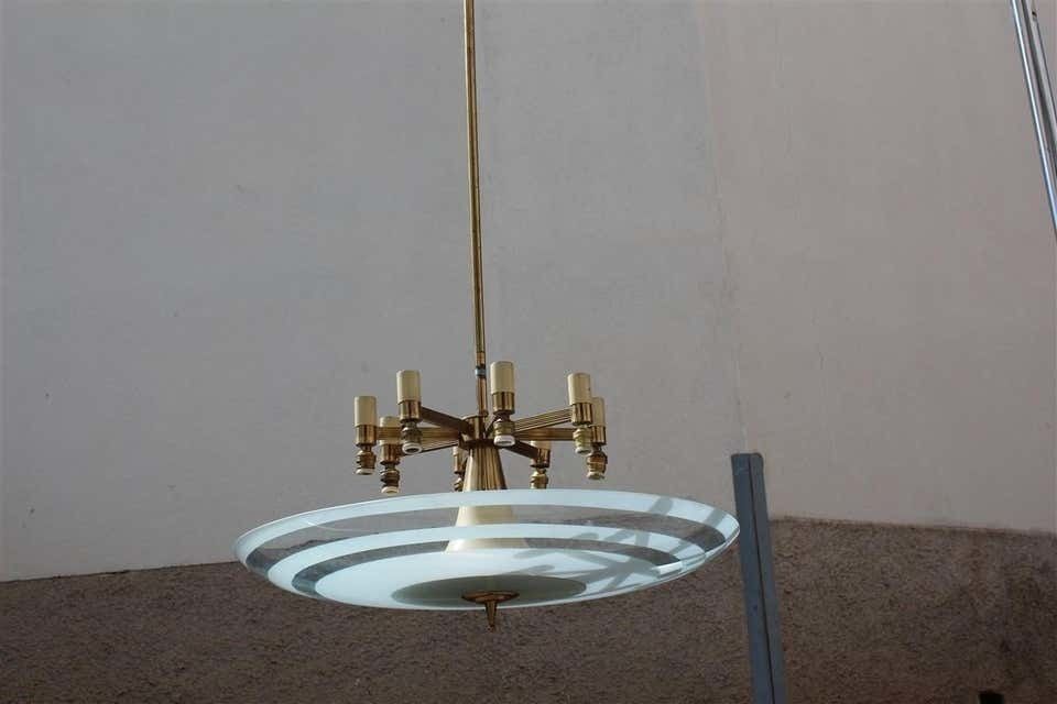 Flying Saucer Chandelier In Concave Glass And Brass Gold Midcentury, Italian photo for sale