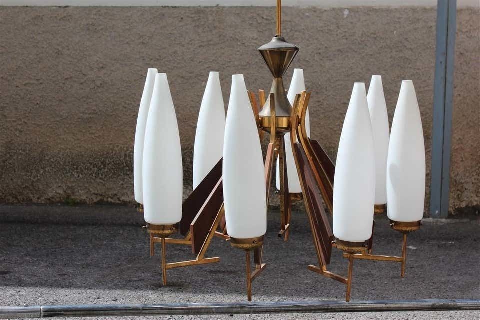Great Round Midcentury Chandelier Brass Teak Wood White Glass Esperia Design photo furniture