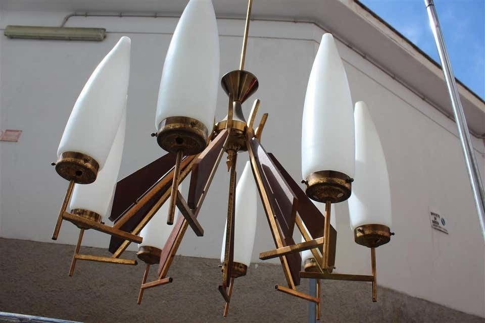 Great Round Midcentury Chandelier Brass Teak Wood White Glass Esperia Design photo vinterior