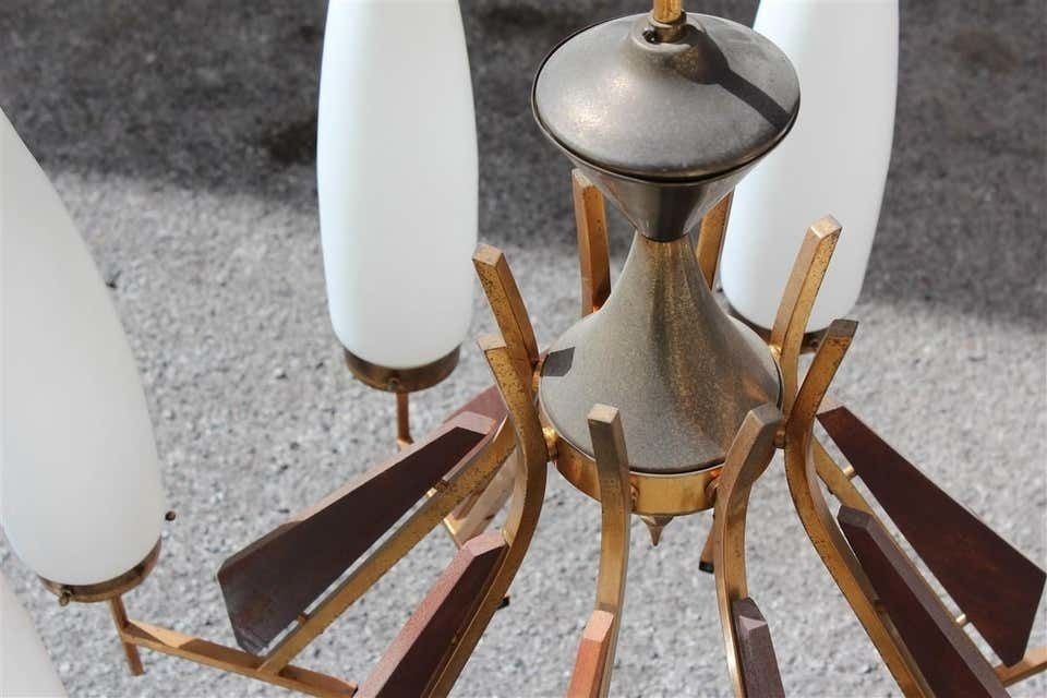 Great Round Midcentury Chandelier Brass Teak Wood White Glass Esperia Design photo vintage