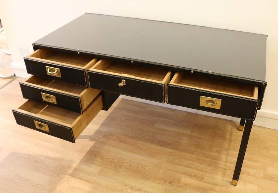 Rare Desk And Armchair By Jacques Adnet, Stitched Leather And Skaï, 1950s photo Furniture