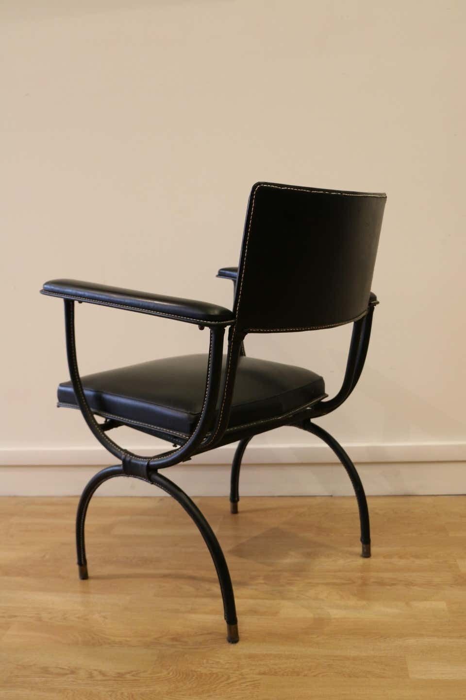 photo buy Rare Desk And Armchair By Jacques Adnet, Stitched Leather And Skaï, 1950s