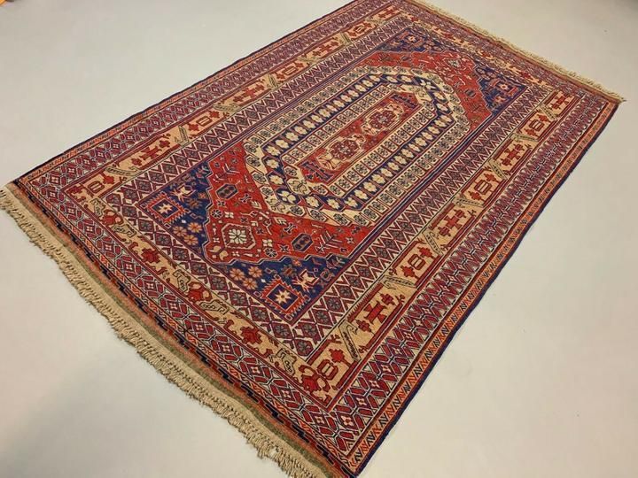 Vintage Afghan Soumak Kilim 245x153 Cm, Kelim Rug Cm Large Red, Blue, Beige photo for sale
