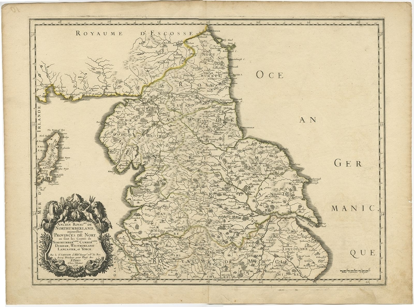Antique Map Of The Region Of Northumberland By Sanson (1658)