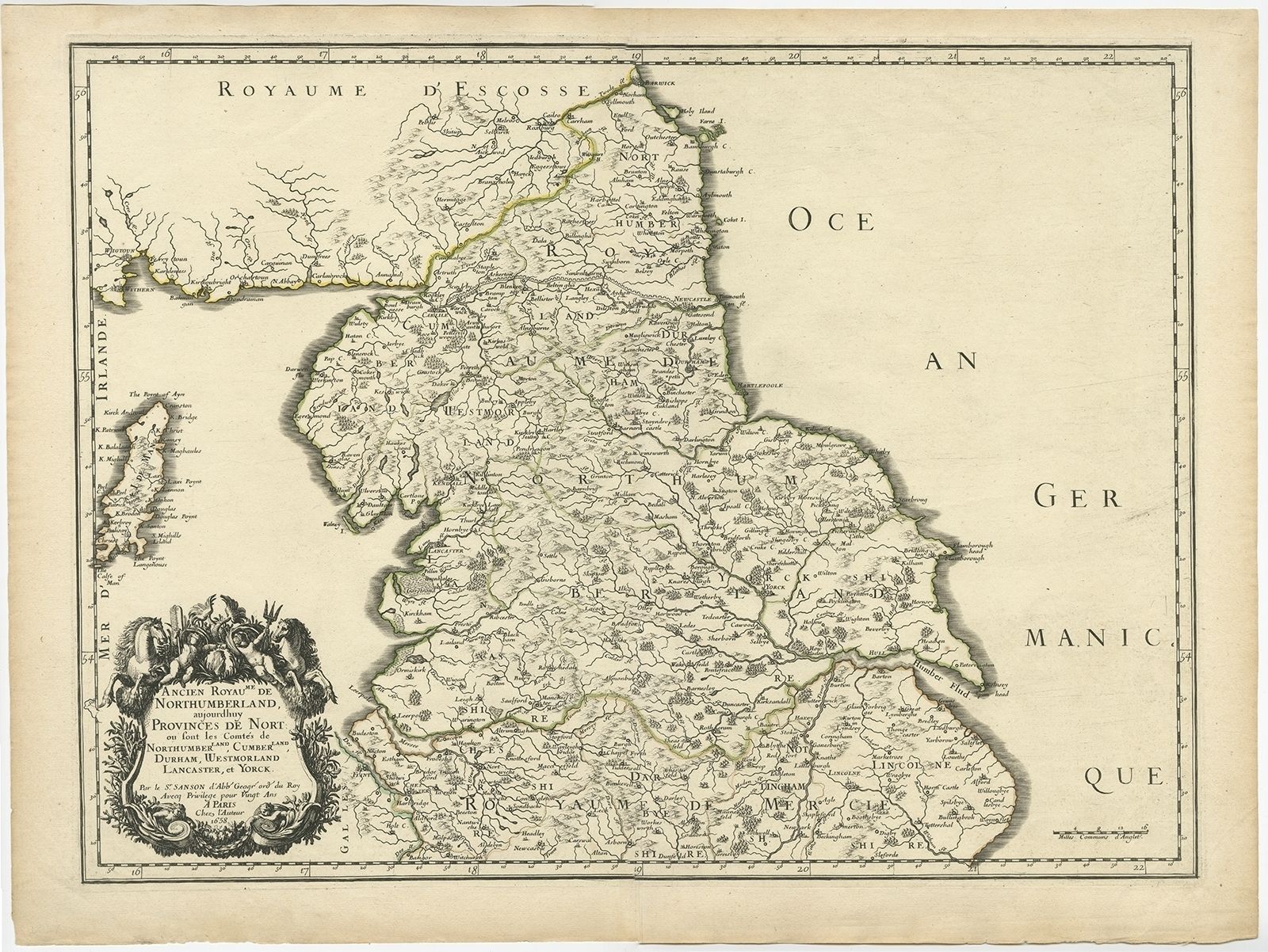 Antique Map Of The Region Of Northumberland By Sanson (1658)