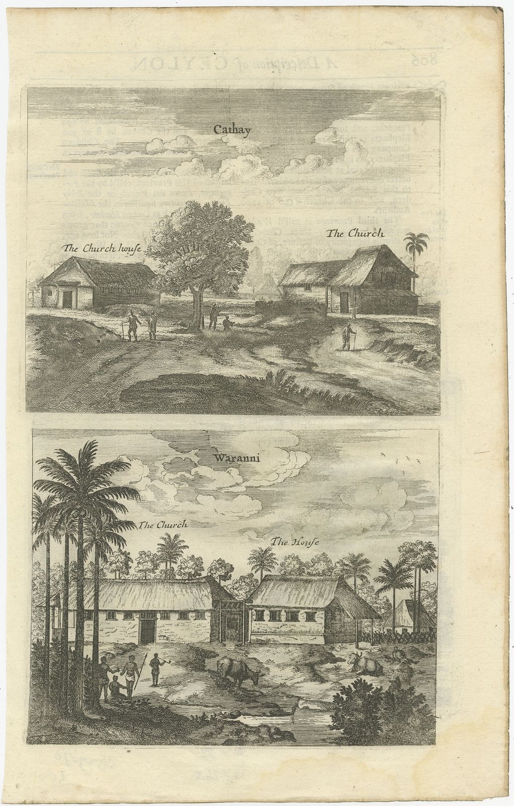 Antique Print Of The Churches Of Cathay And Waranni By Churchill (1704)