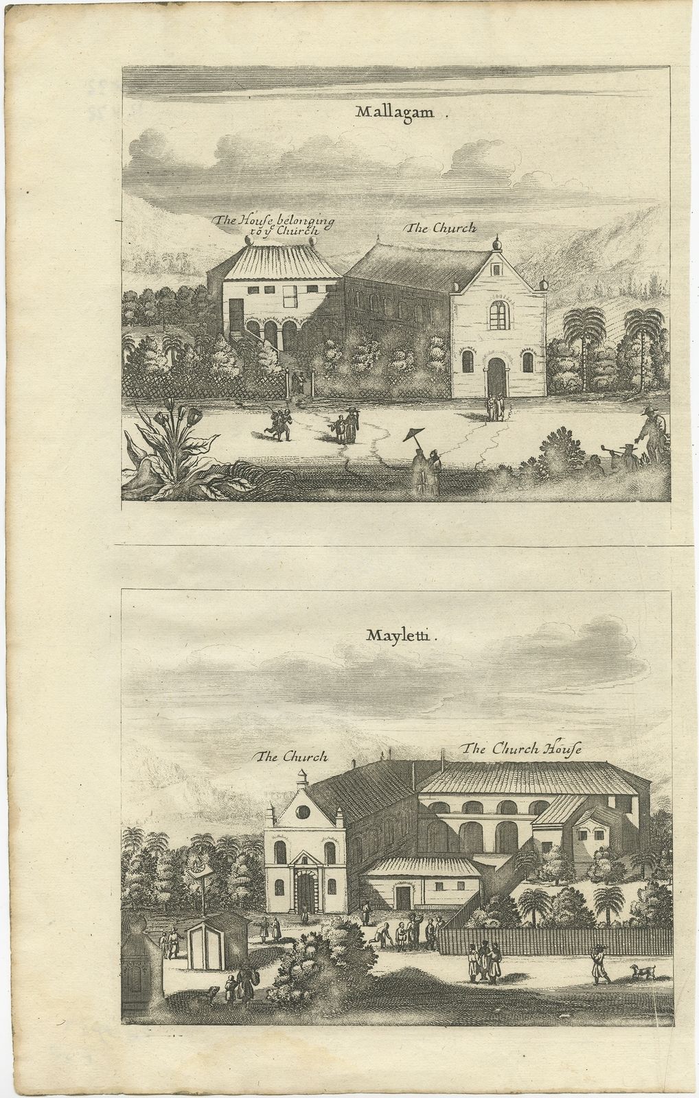 Antique Print Of The Churches Of Mallagam And Mayletti By Churchill (1704)