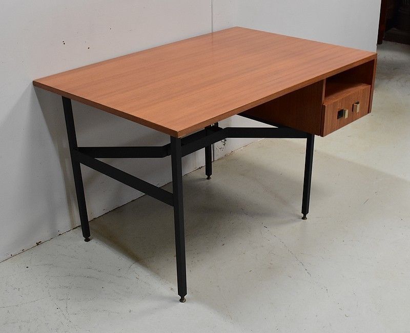 Double Desk In Teak Veneer, Vintage Spirit, Attributed To G. Guermonprez   1950/1960 photo for sale
