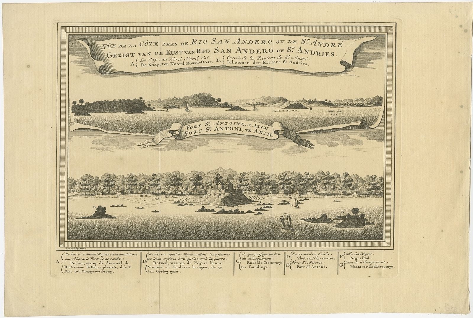 Antique Print Of A Fort On The Ivory Coast And Axim By Van Der Schley (1748)