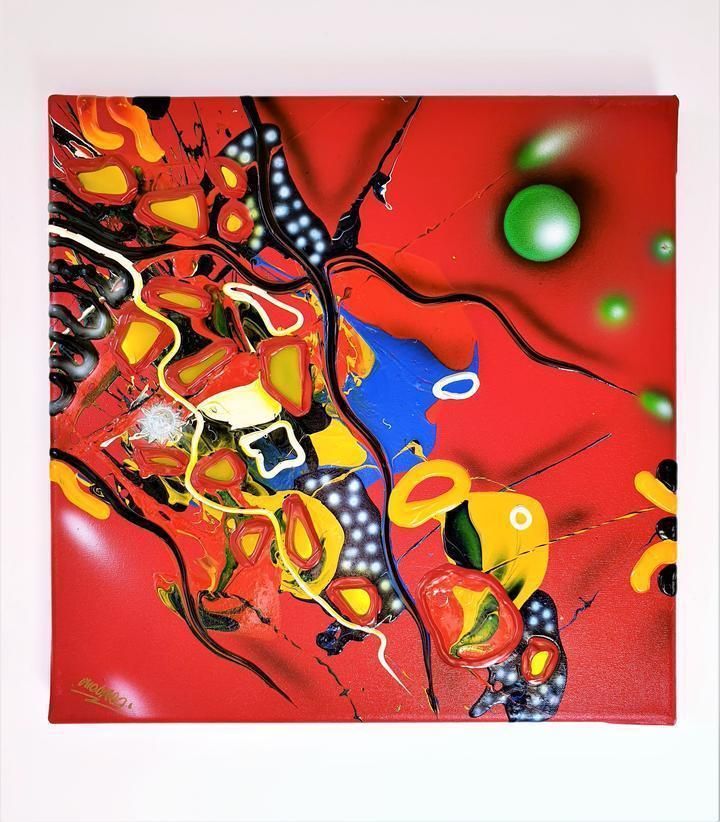 1996 Atelier Mic Mac By Bea Schröder, Striking Pictographic Abstract Painting In Red | Signed, Dated photo for sale