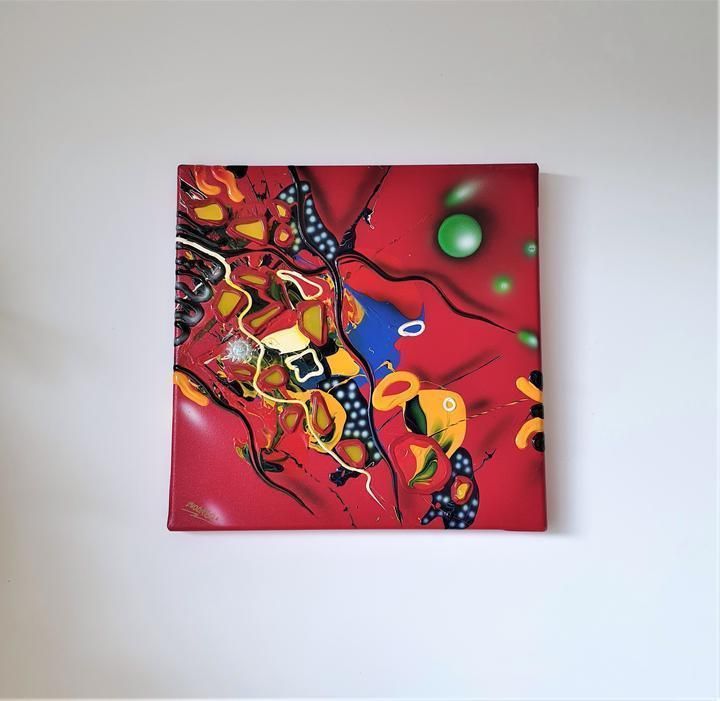 1996 Atelier Mic Mac By Bea Schröder, Striking Pictographic Abstract Painting In Red | Signed, Dated photo Art
