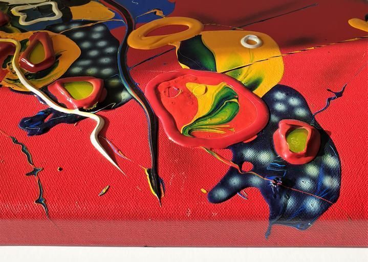1996 Atelier Mic Mac By Bea Schröder, Striking Pictographic Abstract Painting In Red | Signed, Dated photo vintage