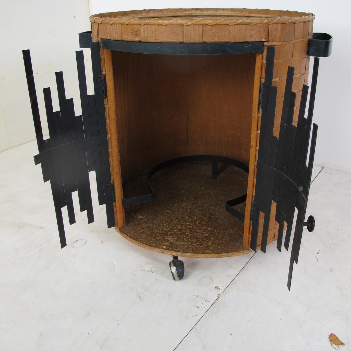 Mid Century Brutalist Rattan And Steel Bar Cart, 1950s photo for sale