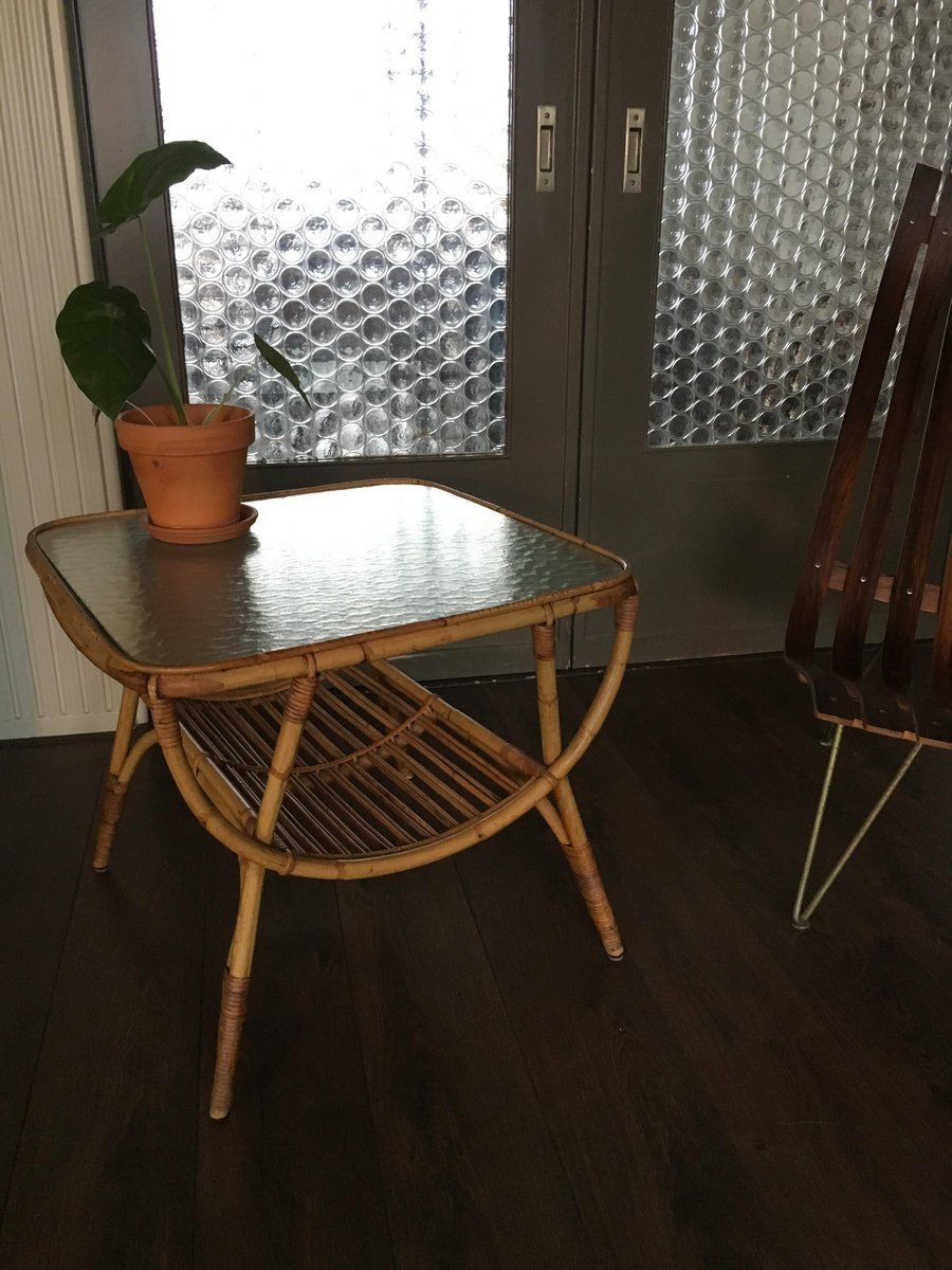 Rattan Side Table By Dirk Van Sliedrecht For Rohé Noordwolde, 1950s photo for sale