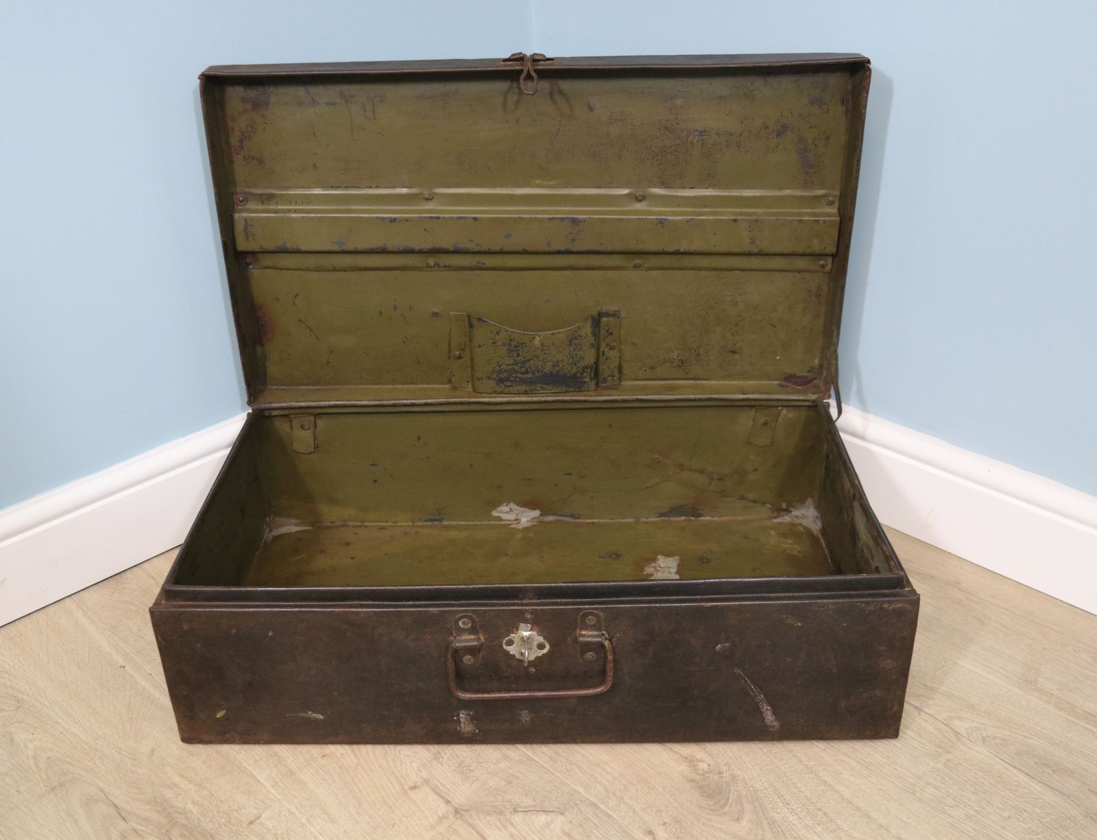 A Wonderfully Interesting Early 20th Century Vintage Weather Beaten Metal Trunk. photo for sale
