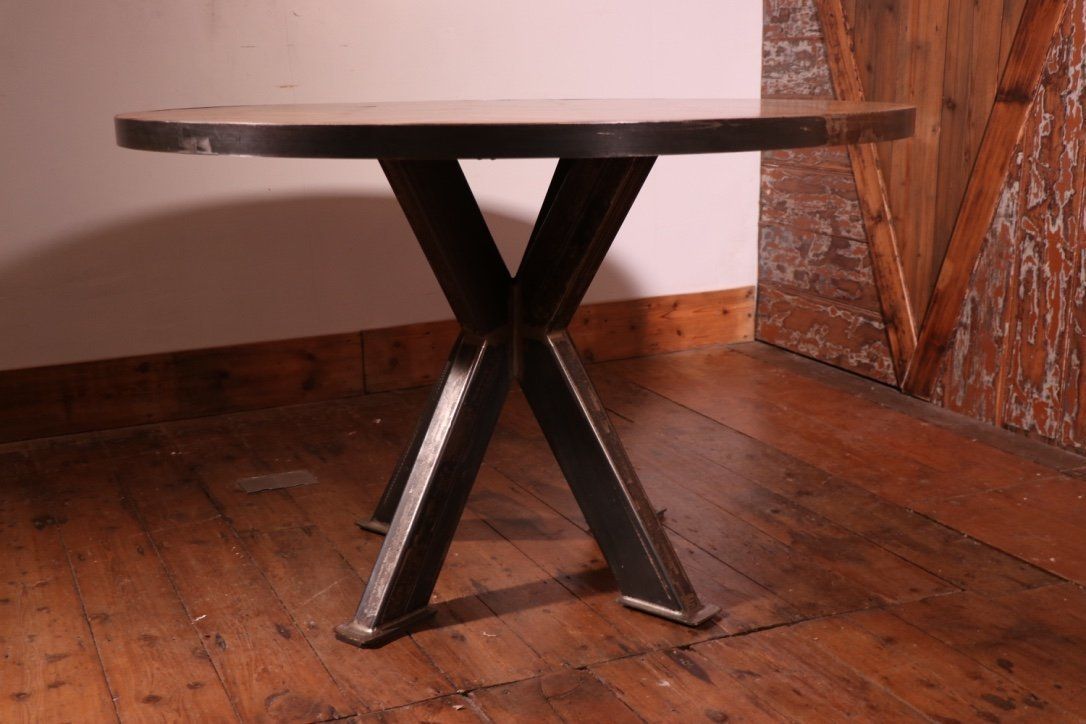 Industrial Round 4ft Table Made From Reclaimed Parquet Floor On A Steel Cross Base photo for sale