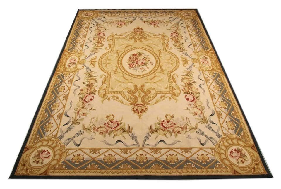 Handmade Carpet Beige Aubusson Rugs, Floral Patterned Oriental Carpet Flat Weave Cream Rugs For Sale photo furniture