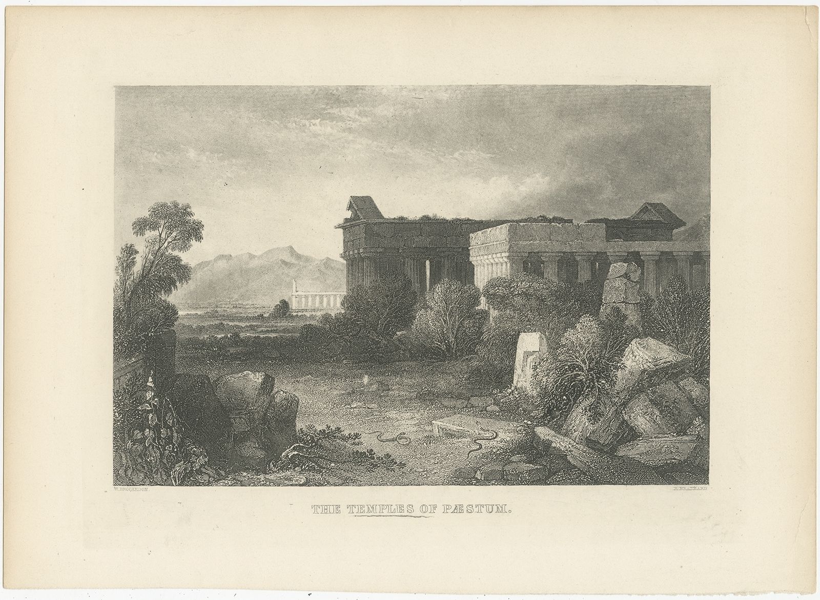 Antique Print Of The Temples Of Paestum By Brandard (C.1850)