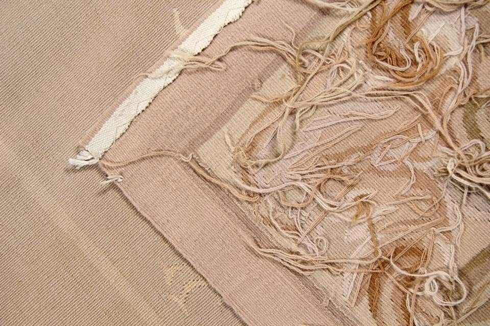 Vintage Handmade Carpet Chinese French Aubusson Rug, Area Rug, Needlepoint Pink And Cream Flat Weave photo Textiles