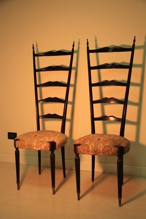 Mid Century Mahogany Pair High Back Chairs 1950 Italian Design Pier Luigi Colli photo 1440.0