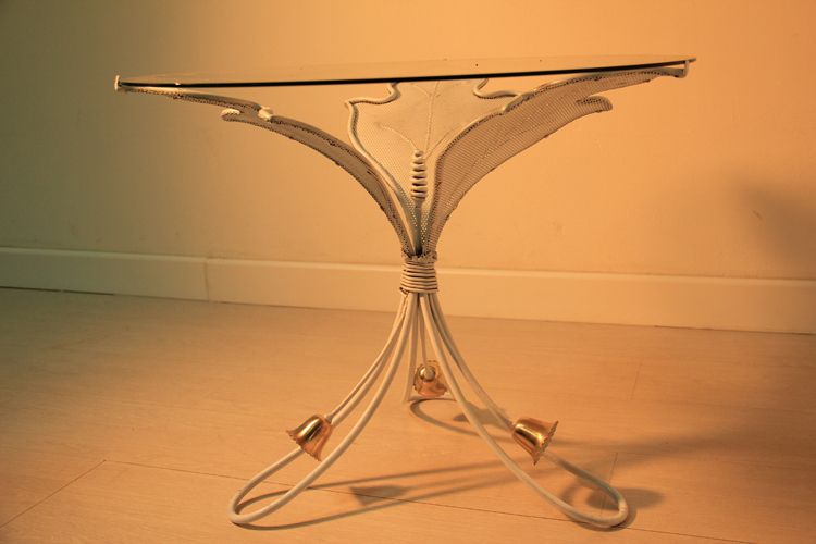 Round French Mid Century Table Coffee Metal Lacquered Glas Top Brass Part photo vinterior