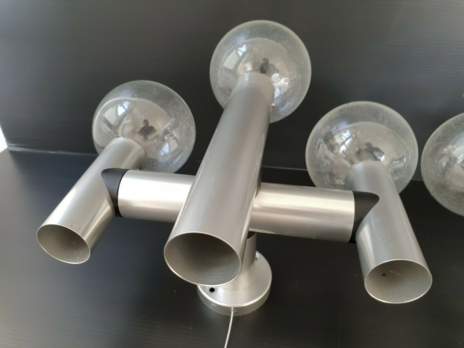 Pair Of Vintage Sconces 1970 In Brushed Steel & Glass 70s 1970s Space Age photo for sale