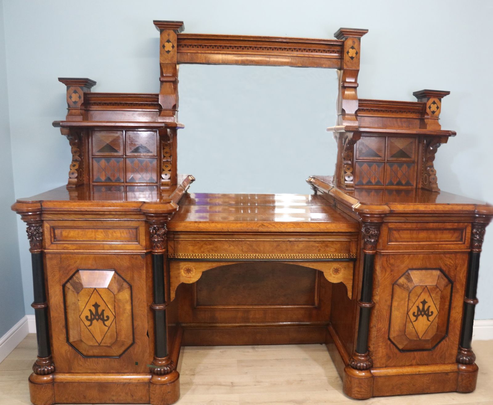 Victorian Pollard Oak And Specimen Wood Inlaid Mirror Back Sideboard In The Gothic Revival Style.