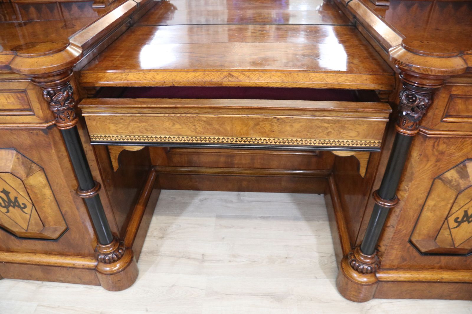 Victorian Pollard Oak And Specimen Wood Inlaid Mirror Back Sideboard In The Gothic Revival Style. photo buy