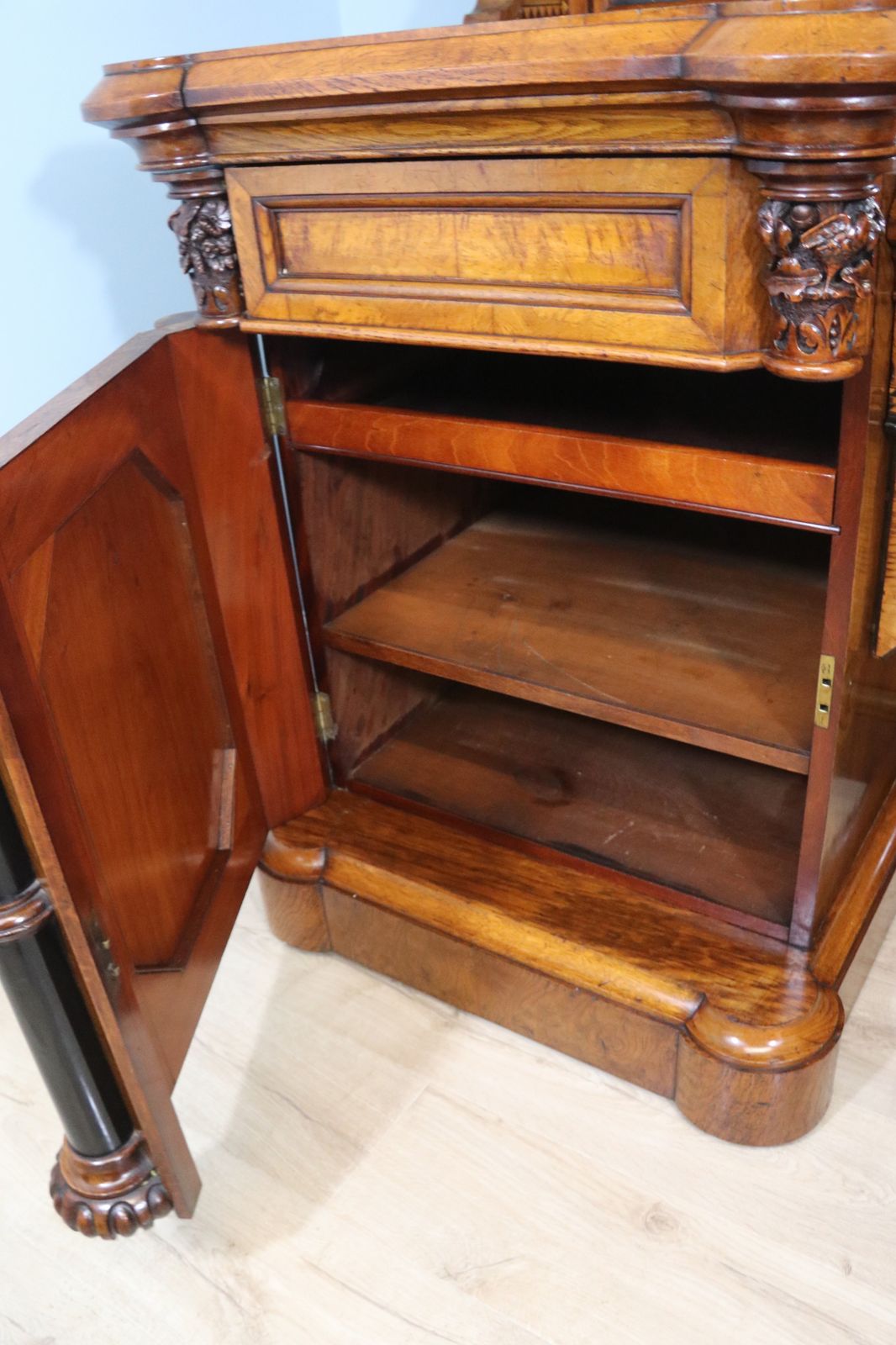 2950.0 Victorian Pollard Oak And Specimen Wood Inlaid Mirror Back Sideboard In The Gothic Revival Style. photo