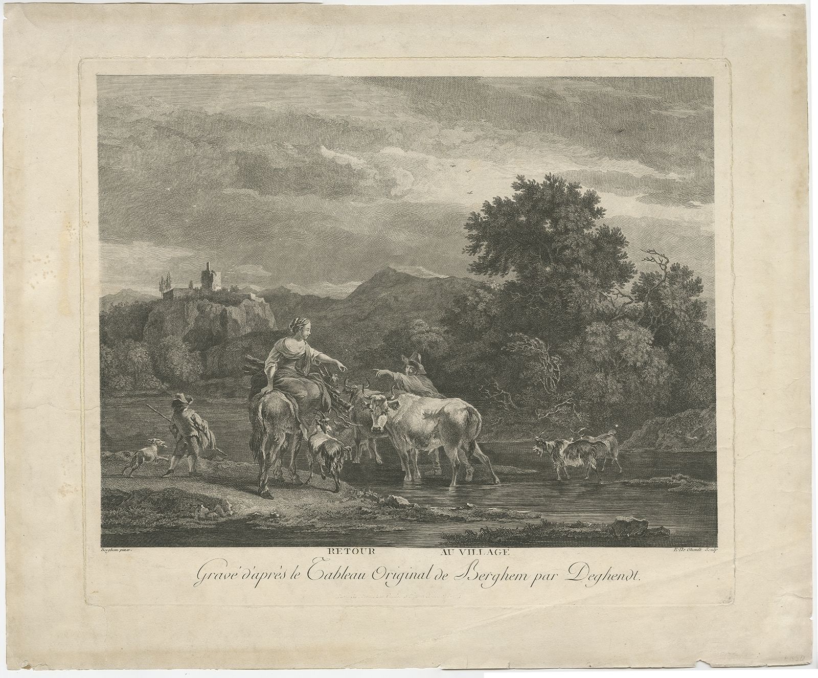 Antique Print Of Shepherds Returning To The Village By De Ghendt (C.1770)