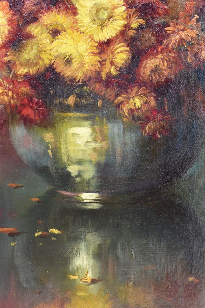 Flowers Paintig, Red Daisies, Oil On Canvas, 19th Century.  (Qf155) photo furniture