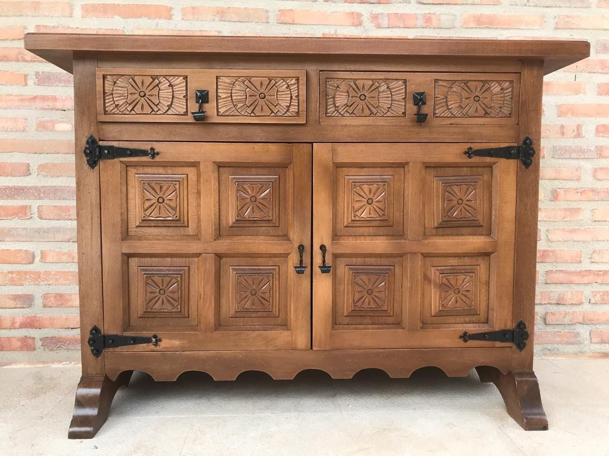 Spanish Carved Dark Walnut Tuscan 2 Drawer Credenza, 1940s photo furniture