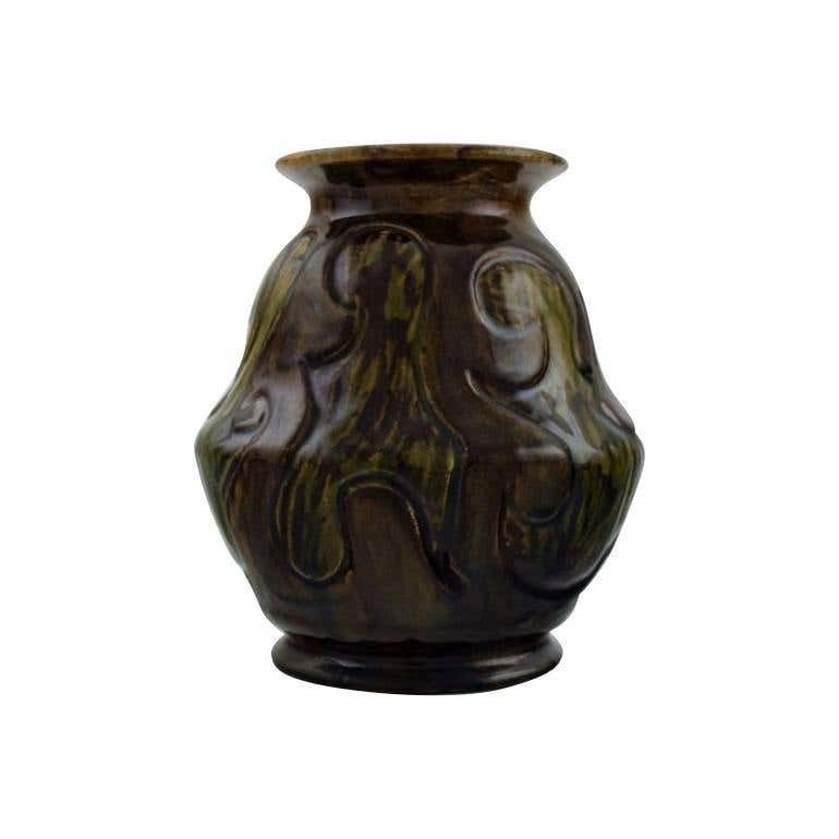 Møller & Bøgely, Denmark, Art Nouveau Vase In Dark Green Glazed Ceramics