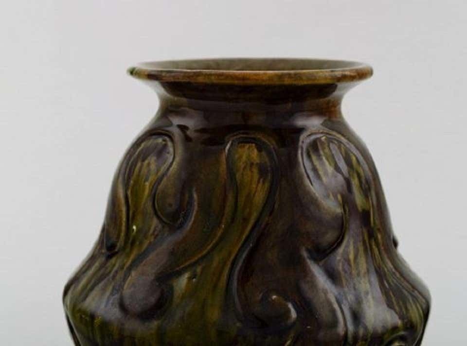 Møller & Bøgely, Denmark, Art Nouveau Vase In Dark Green Glazed Ceramics photo for sale